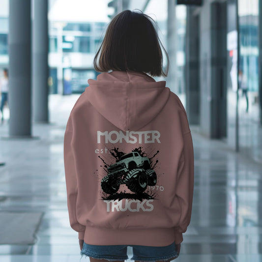 Vintage "Monster Trucks T-Shirt- Est 1970" Hoodie-Unisex-Mauve-Classic Comfort-Limited Edition-Truck